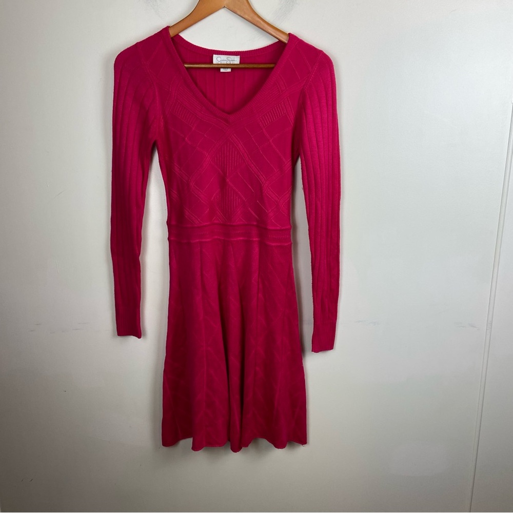 Jessica Simpson‎ Fuchsia Pink Bright Long Sleeve A-Line Sweater Dress XS Fitted